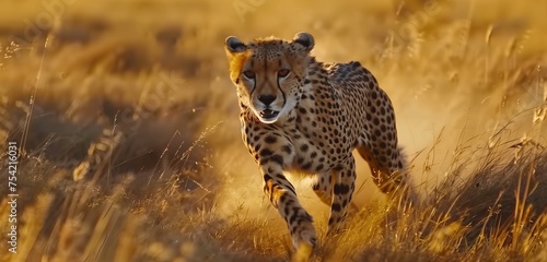 The sheer power and elegance of a cheetah in mid-stride, racing through the golden grasslands of South Africa, each muscle and spot vividly portrayed in stunning.