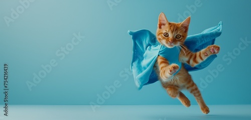 A whimsical scene featuring a cute superhero cat in action, leaping gracefully with its blue cloak billowing behind.