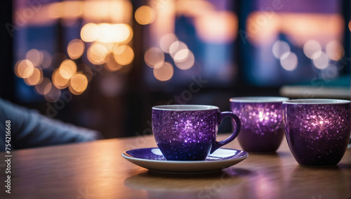 Cups on the table with office workers, enhanced by lavender bokeh lights.