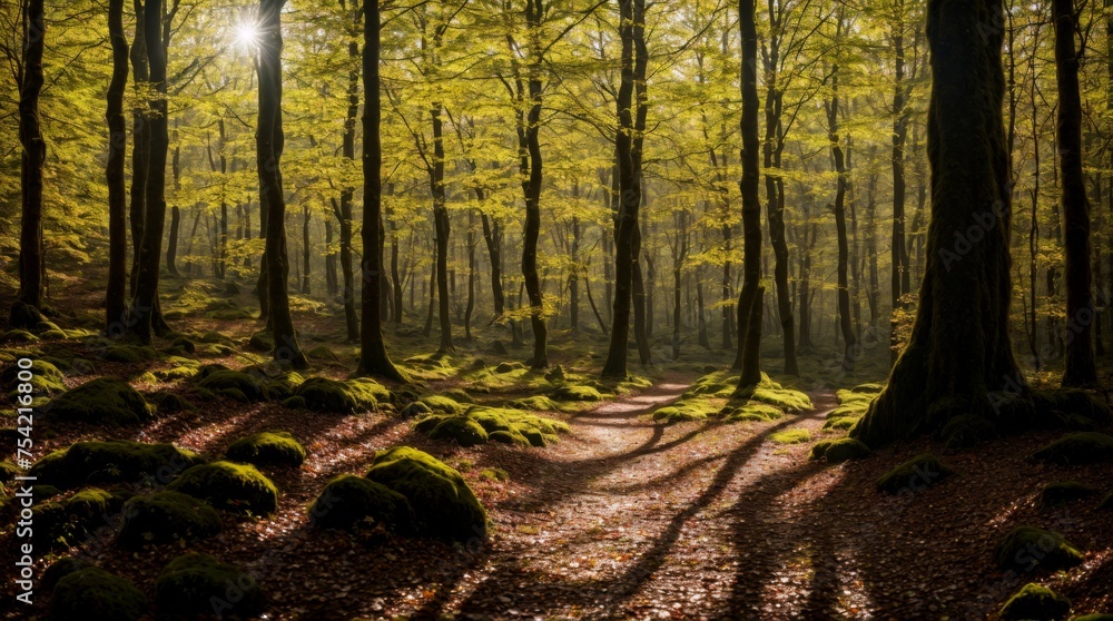 Fall forest sunrays, shadows on leaf-strewn path Fall forest sunrays, shadows on leaf-strewn path