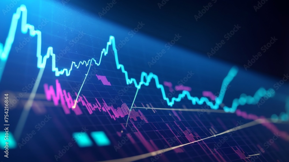 Fashionable digital money analytics blue pink lines on dark backdrop