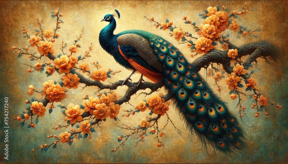 Artistic rendition of a regal peacock perched on a blossoming tree branch, infused with vintage charm and rich colors. - obrazy, fototapety, plakaty 