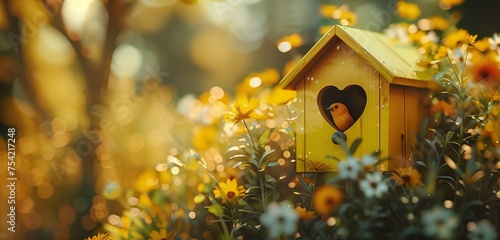 The focal point of a serene outdoor scene, a yellow birdhouse featuring a heart-shaped entrance, set against a softly blurred spring background filled with the colors of blossoming flowers.