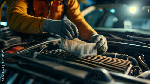 a car mechanic replaces a car cabin filter photo