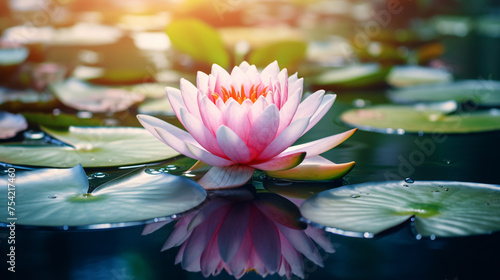 A beautiful pink waterlily or lotus flower in pond 