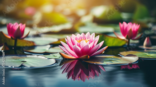 A beautiful pink waterlily or lotus flower in pond 