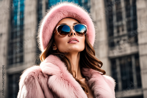 Fashionable pretty woman in sunglasses wearing natural fur coat and pink fur hat at city building background  looking up away. Stylish young lady posing outdoor. Fashion style concept. Copy text space