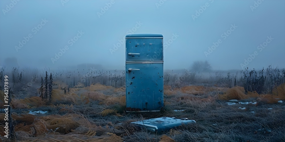 Professional photo of an abandoned refrigerator by the roadside with centered composition and copy space. Concept Abandoned Refrigerator Photography, Roadside Capture, Centered Composition