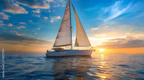 Sailing yacht boat on on ocean water at sunrise with flare and outdoor lifestyle