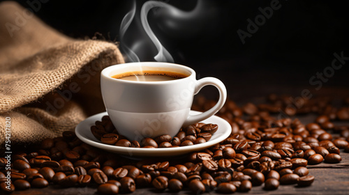 A cup of black coffee or americano with roasted coffee