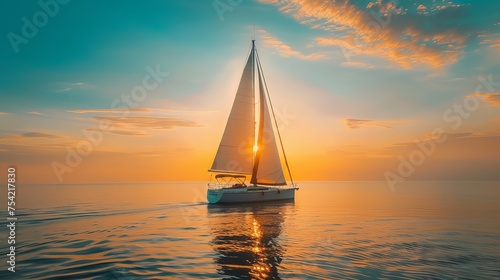 Sailing yacht boat on on ocean water at sunrise with flare and outdoor lifestyle © Emil