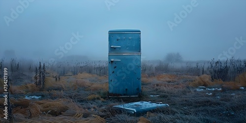 Professional photo of an abandoned refrigerator by the roadside with centered composition and copy space. Concept Abandoned Refrigerator Photography, Roadside Capture, Centered Composition