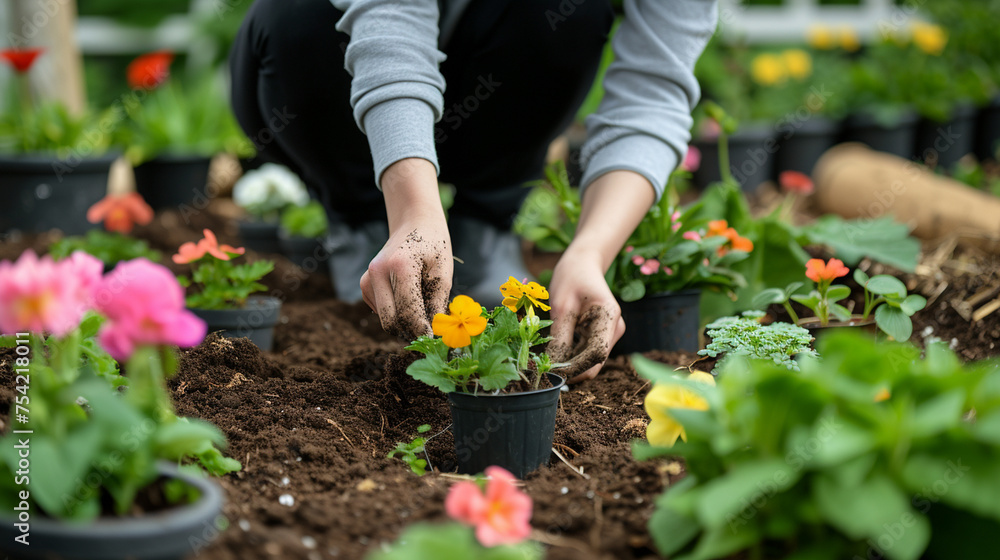 Fototapeta premium a beautiful girl plants flowers on a flower bed in the garden