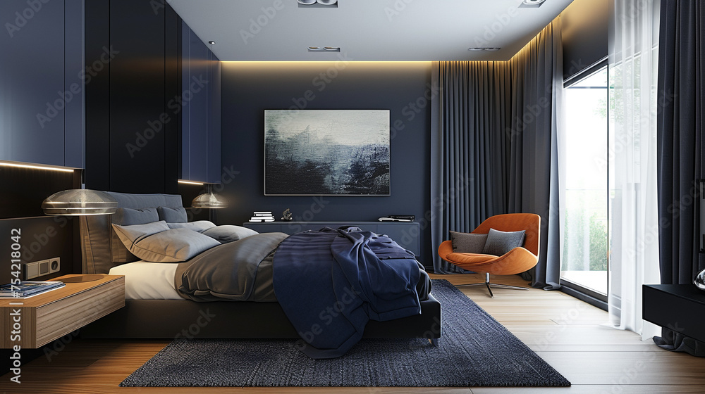 A contemporary bedroom with deep indigo accents, adorned with sleek and colorful minimalistic furniture for a modern touch.