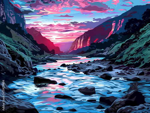 sunset in the mountains and river landscape illustration, colorful dark and moody wallpaper © Deea Journey 