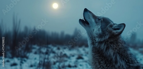 A lone wolf silhouetted against the night sky  howling passionately under the radiant glow of a full moon  surrounded by a mystical forest draped in shadows and moonlight.