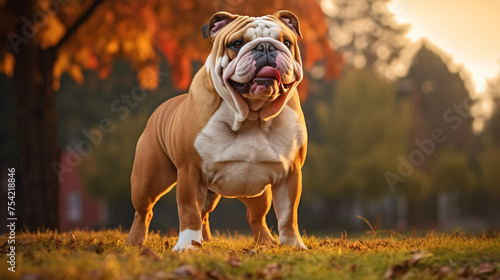 A young English Bulldog standing on the lawn