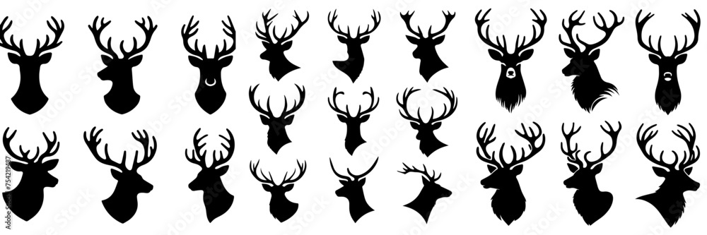 Collection of deer heads in silhouette style - obrazy, fototapety, plakaty 