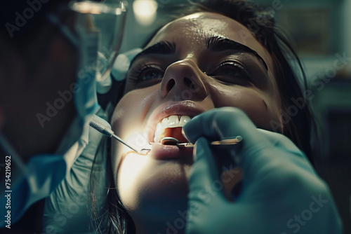 close up view, a female patient seated in a dental chair undergoing dental treatment by a professional dentist to address issues with her teeth