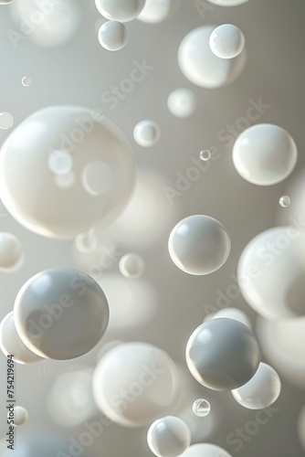 A wallpaper of many bubbles, shiny and small plastic balls are floating and moving, a pile of many metallic spheres in white and grey colors, AI Generated.