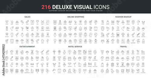 Store offer and sales, travel and entertainment line icons set. Hotel hospitality and room services, vacation calendar and fashion makeup salon thin black outline symbols vector illustration