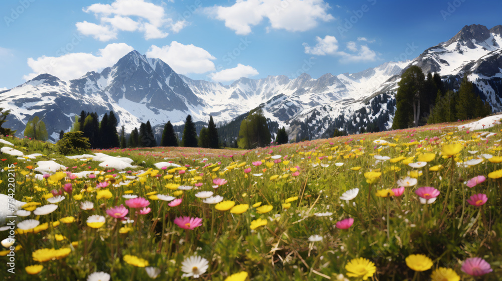 Alpine Meadow Carpet of Wildflowers Beneath Snowy Peak - obrazy, fototapety, plakaty 