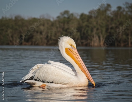 A pelican is swimming in the water