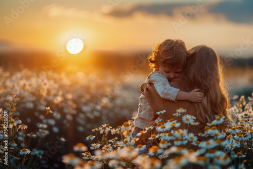 Warm Sunset Hug among Blossoming Daisies - Tender Moment Between Child and Parent in Floral Meadow during Golden Hour Photography photo