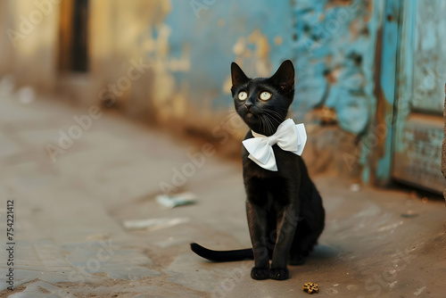 Black bombay cat wearing white bow on her neck, generative ai