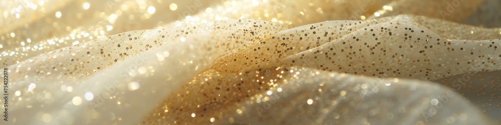 white tablecloth on the table with gold sparkles background. white tablecloth on the table with gold sparkles background.