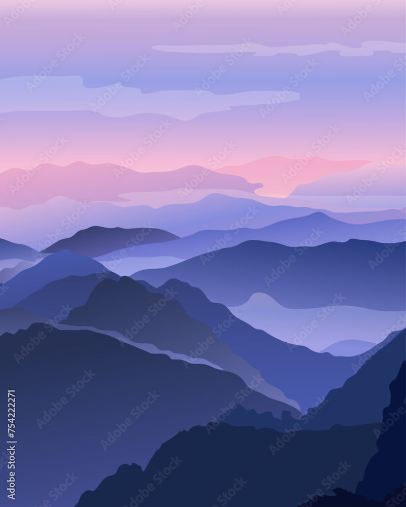  beautiful simple mountain lanscape with violet pink gradient effect vector art