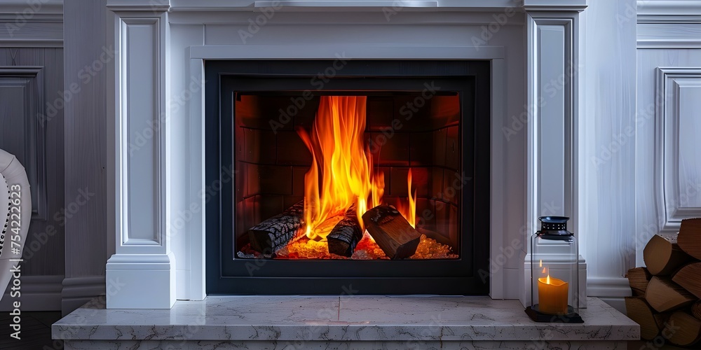Traditional fireplace with crackling flames and blank mantlepiece for personalized decor. Concept Fireplace Decor, Mantelpiece Styling, Personalized Home Decor, Cozy Living Room Ideas Traditional fireplace with crackling flames and blank mantlepiece for personalized decor. Concept Fireplace Decor, Mantelpiece Styling, Personalized Home Decor, Cozy Living Room Ideas