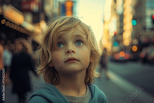 Curious young child with blue eyes standing on urban street, gazing up at camera