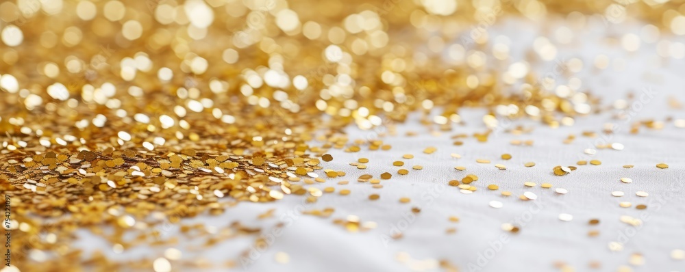 white tablecloth on the table with gold sparkles background. white tablecloth on the table with gold sparkles background.