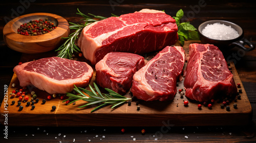 Assortment of Raw Black Angus Prime beef cuts 
