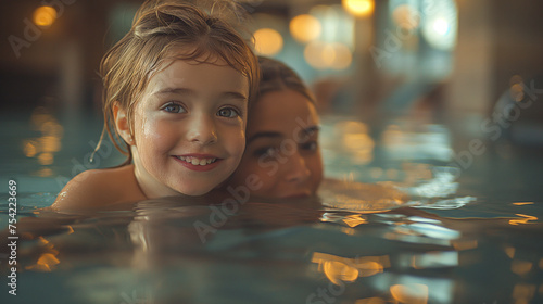 A happy child playing in the pool together with mother