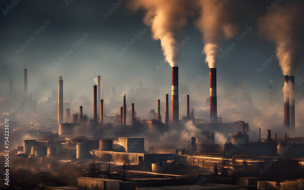 A smog-filled skyline with industrial smokestacks belching pollution into the atmosphere