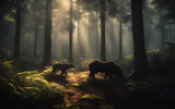 A shadowy forest with silhouettes of endangered animals fading into the darkness.