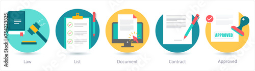 A set of 5 business icons as law, list, document