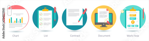 A set of 5 business icons as chart, list, contract