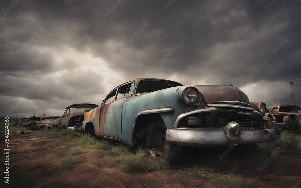 An abandoned, rusting car junkyard stretching into the distance under a gloomy sky