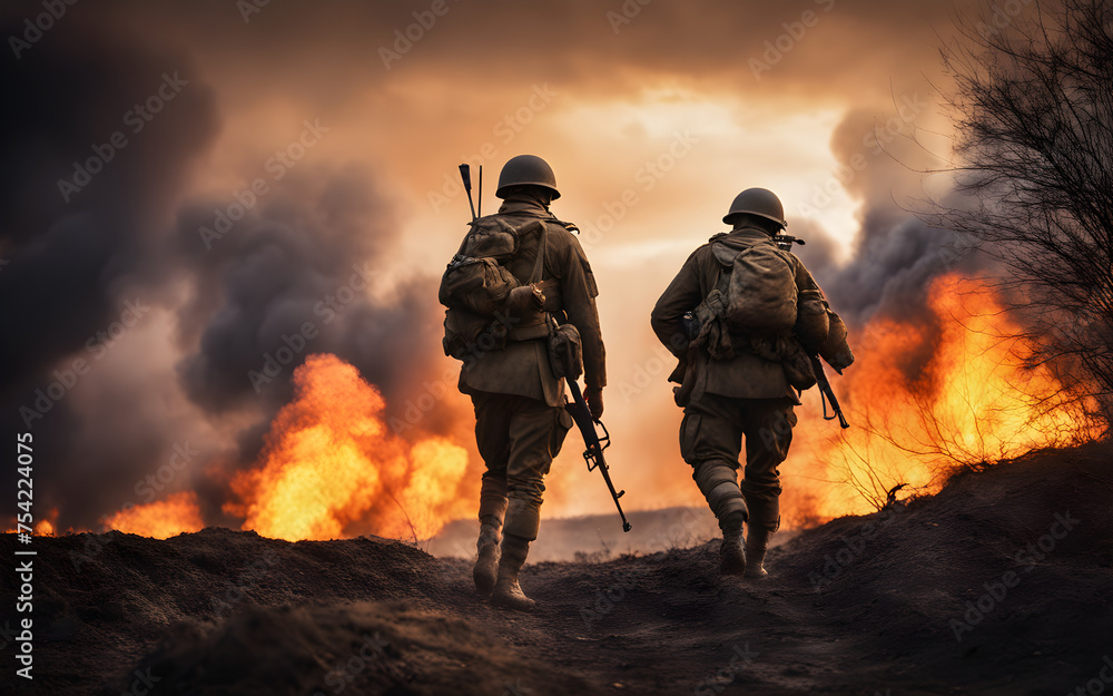Army soldiers seen from behind in the trenches against a sunset surrounded by fire and smoke