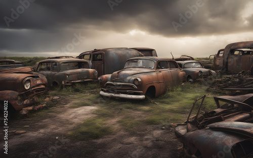 An abandoned, rusting car junkyard stretching into the distance under a gloomy sky