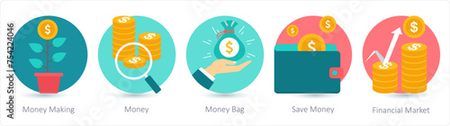 A set of 5 business icons as money making, money, money bag