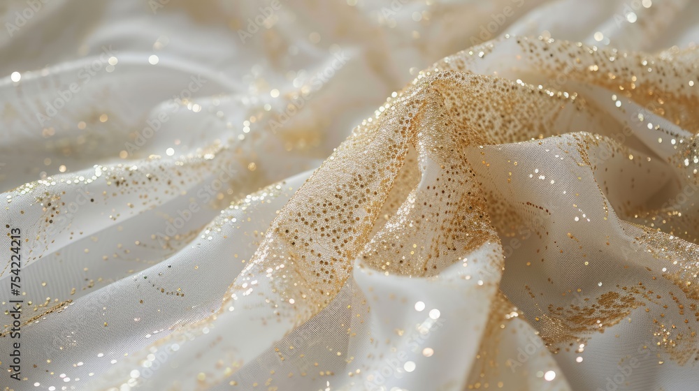 white tablecloth on the table with gold sparkles background. white tablecloth on the table with gold sparkles background.