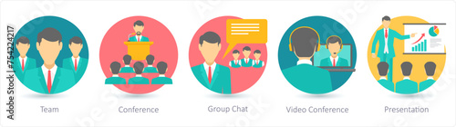 A set of 5 business icons as team, conference, group chat