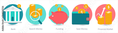 A set of 5 business icons as bank, search money, funding