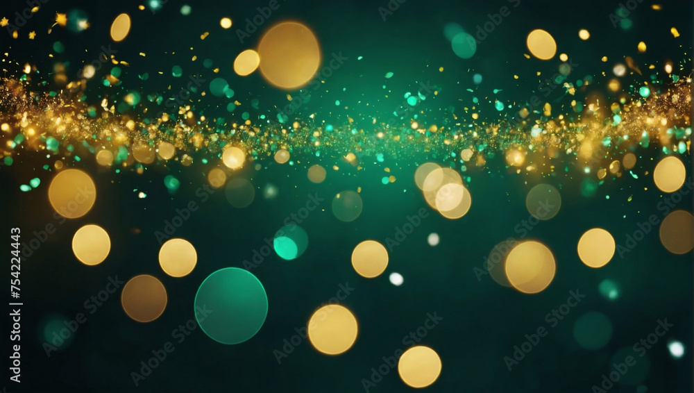 Emerald green light burst with golden sparkles and bokeh lights.