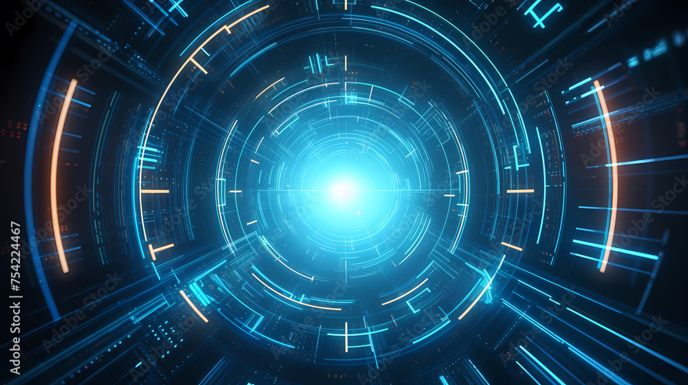 Futuristic tunnel with glowing lights symbolizing speed, data transmission and connectivity Futuristic tunnel with glowing lights symbolizing speed, data transmission and connectivity