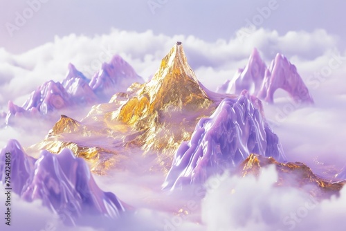 Majestic golden mountain surrounded by clouds in a stunning 3D rendering of a picturesque landscape